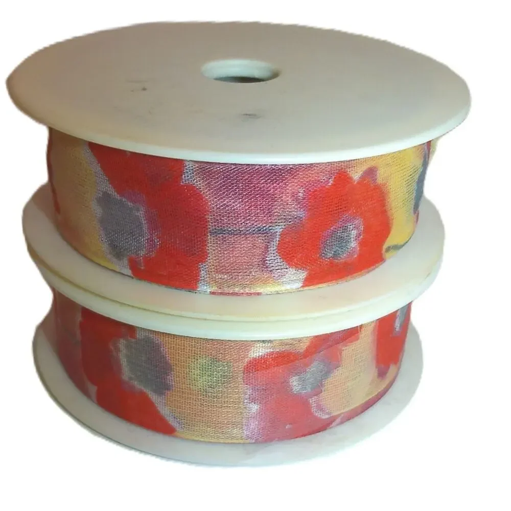 Vtg Swiss Floral Watercolor Sheer Ribbon Set 25mm Red Yellow Poppy 30m Total